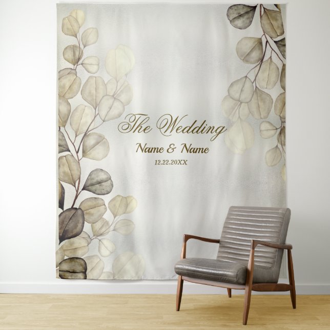 Party Watercolor Golden Eucalyptus Foliage Shiny Tapestry (In Situ)