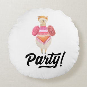 Party! Watercolor Llama Round Pillow