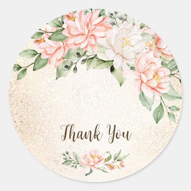 Party Watercolor Peach White Flowers Elegant Classic Round Sticker (Front)