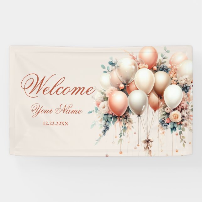 Party Welcome Colourful White Peach Floral Balloon Banner (Horizontal)