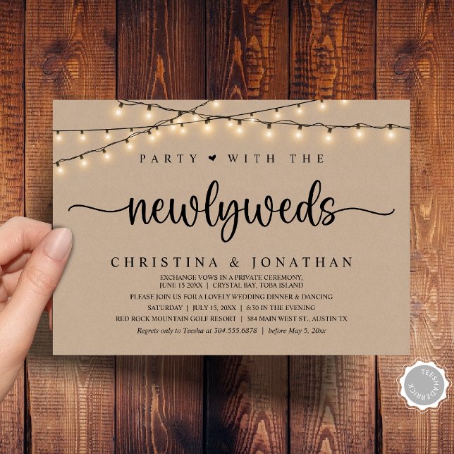 Party With The Newlyweds, Rustic Wedding Dinner Invitation (Party With The Newlyweds, Rustic Wedding Dinner Invitation Card, PDF, String Lights Brown Kraft)