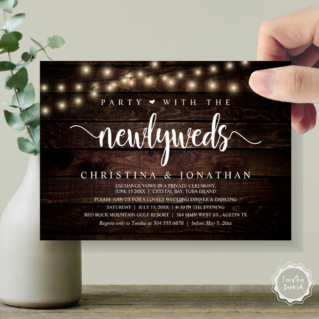 Party With The Newlyweds, Rustic Wedding Dinner Invitation (Party With The Newlyweds, Rustic Wedding Dinner Invitation card, pdf, in cottage dark wood)