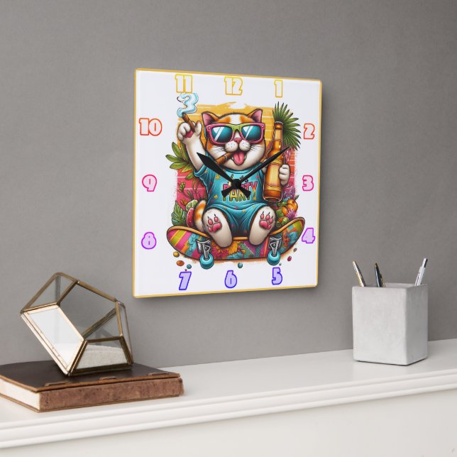 Partying cat on a skateboard with a tropical vibe square wall clock (Office)