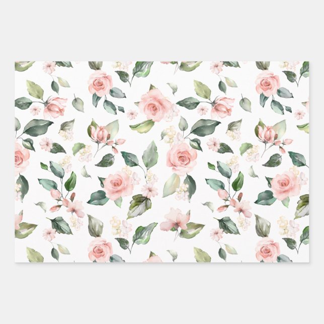 Parure de lit plat en papier floral rose avec rose (Devant)