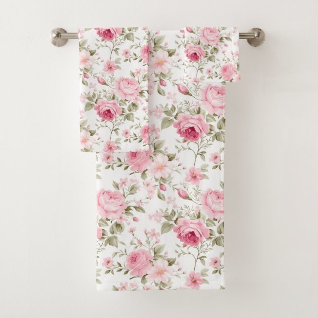 Parure de serviettes de bain Shabby Chic aux roses (En situation)