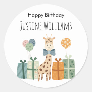 Pary animal, Giraffe with gifts and balloons Classic Round Sticker
