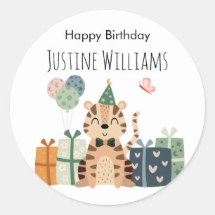 Pary animal, Tiger with gifts and party hat Classic Round Sticker