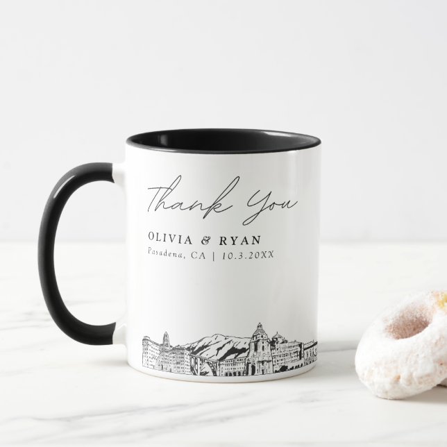 Pasadena Skyline Sketch Simple Custom Wedding Mug (With Donut)