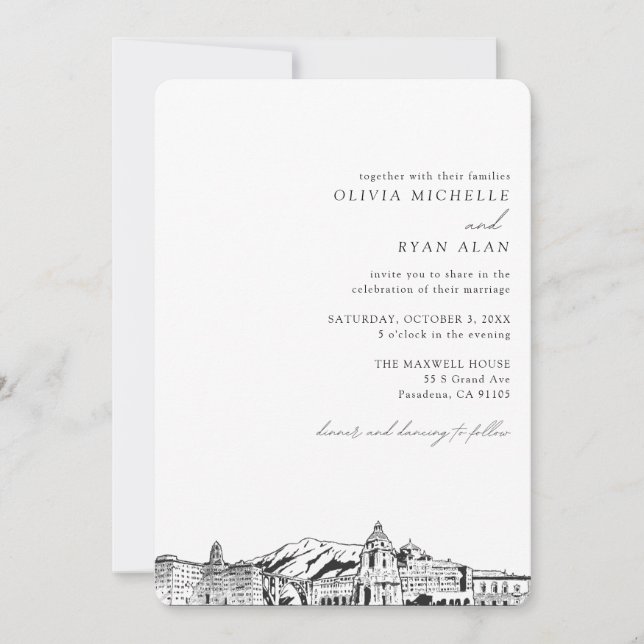Pasadena Wedding Custom Skyline Sketch Invitation (Front)