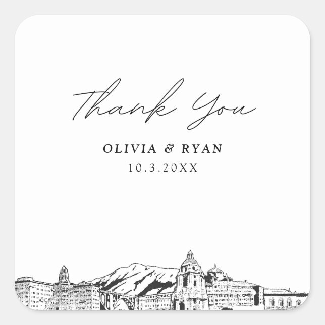Pasadena Wedding Landmarks Favour Thank You Square Sticker (Front)