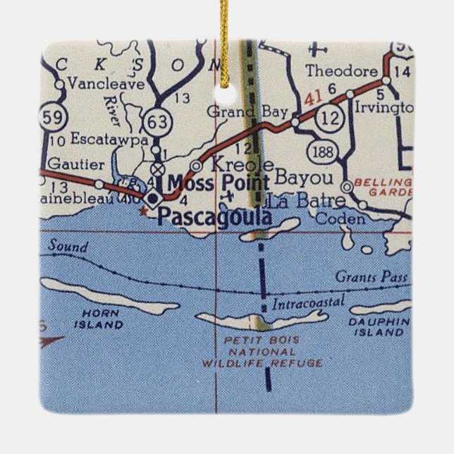 Pascagoula MS Vintage Map Ceramic Ornament (Back)