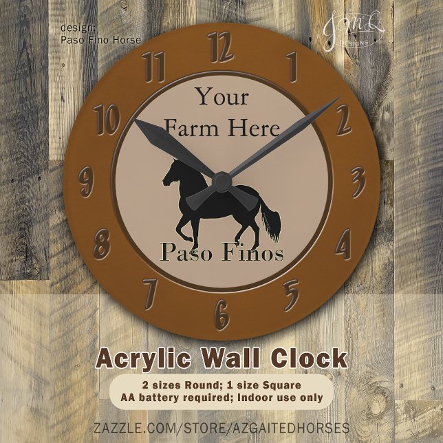 Paso Finos - Personalize It Round Clock (Rustic Paso Fino horse silhouette wall clock with custom farm name 🐎)