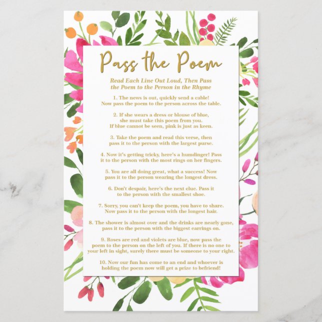 Pass the Poem Shower Game, Bridal Shower Games (Front)