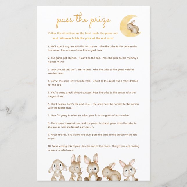 Pass the Prize Baby Shower Game - Bunny Rabbit (Front)