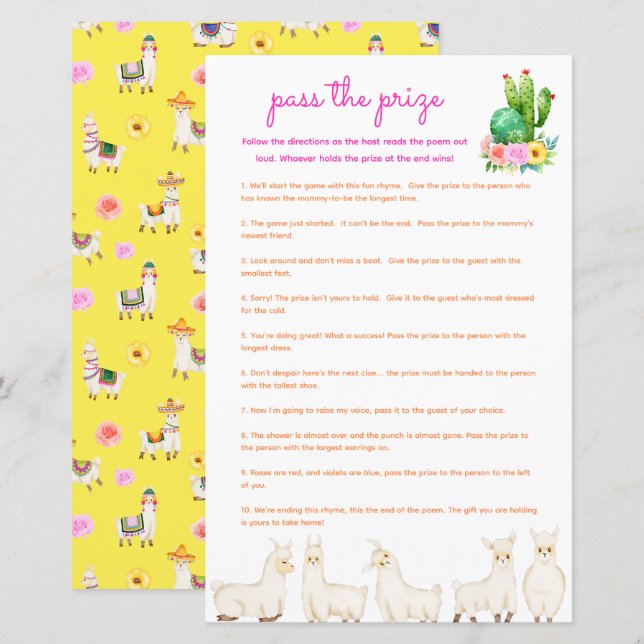 Pass the Prize Baby Shower Game - Colourful Llama (Front/Back)