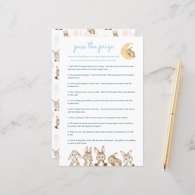 Pass The Prize Cute Bunny Blue Baby Shower Game (Front/Back In Situ)