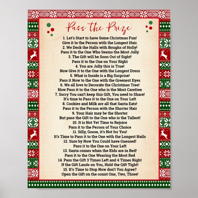 Pass the Prize Poem Game Ugly Sweater Sign (Front)