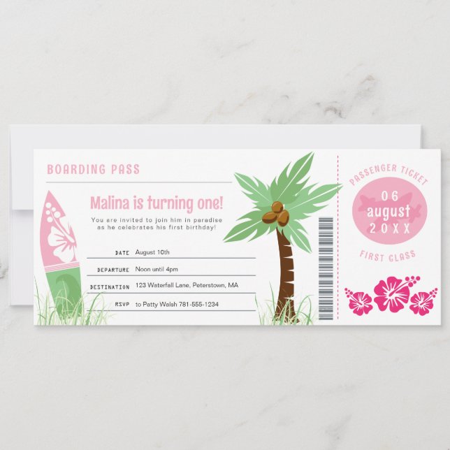 Passe d'embarquement tropical Invitation d'anniver (Devant)