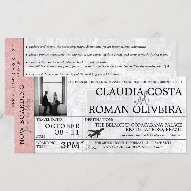 Passe Mariage Pink Brazil Boarding Invitation (Devant / Derrière)