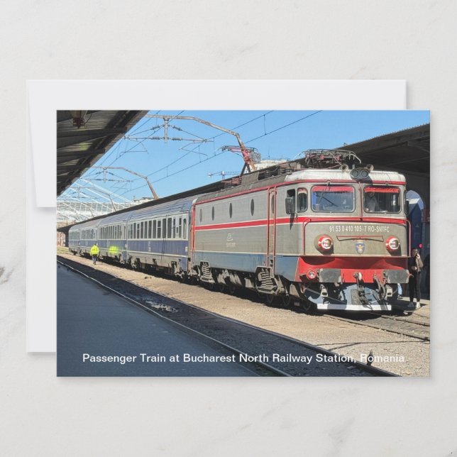 Passenger Train at Bucharest Railway Station on a Holiday Card (Front)