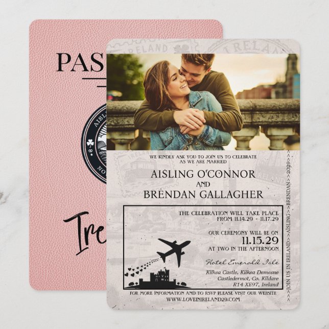 Passeport d'Irlande rose Faire-part de mariage (Devant / Derrière)