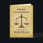 Passing Law Board Bar Exam Congratulations Card<br><div class="desc">All of the hard work has finally paid off when a man or woman passes the law boards. Personalize with their name for a memento of their accomplishment. Perfect card to congratulate them with a digital texture background with variations in color. Small scales of justice in light cream make up...</div>
