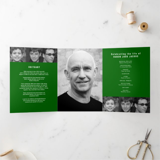 Passing of a legend Funeral service green 12 photo Tri-Fold Programme (Inside)