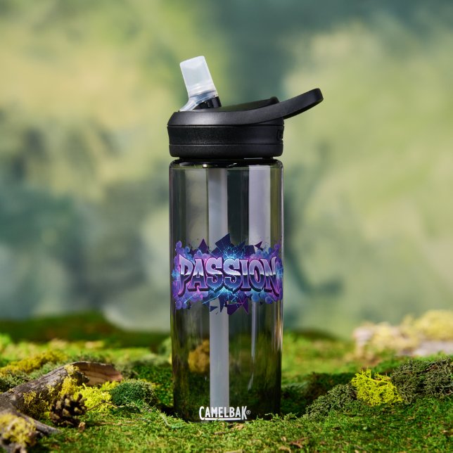 Passion Cyberpunk Typography – Vibrant Modern Word Water Bottle (Outdoor (Rotated))