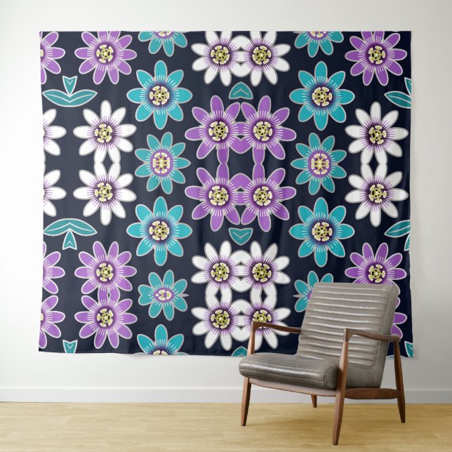 Passion Flower Floral Pattern Wall Tapestry (In Situ (Horizontal))