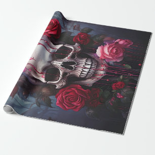 Passion Flowers Flowing Tears, Goth Skull & Roses Wrapping Paper