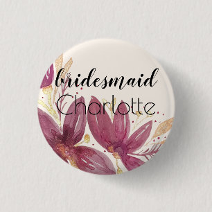 Passion Flowers, Watercolor Burgundy and Gold 1 Inch Round Button