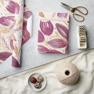Passion Flowers, Watercolor Burgundy and Gold Wrapping Paper