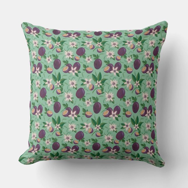 Passion Fruit Green Floral Repeat Pattern Art Throw Pillow (Front)