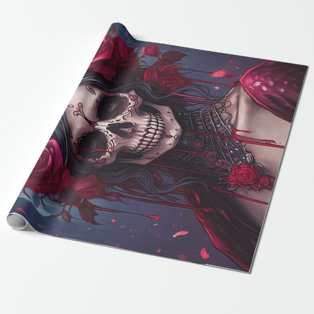 Passion & Pain, Dark Queen. Gothic Skull & Roses  Wrapping Paper (Unrolled)