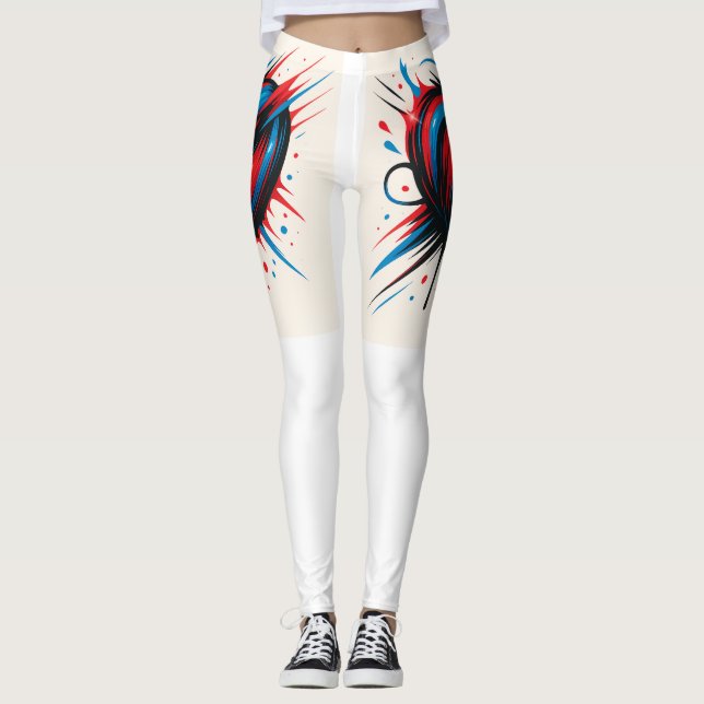 “Passion Pulse – Bold Red & Blue Heart Long Sleeve Leggings (Front)