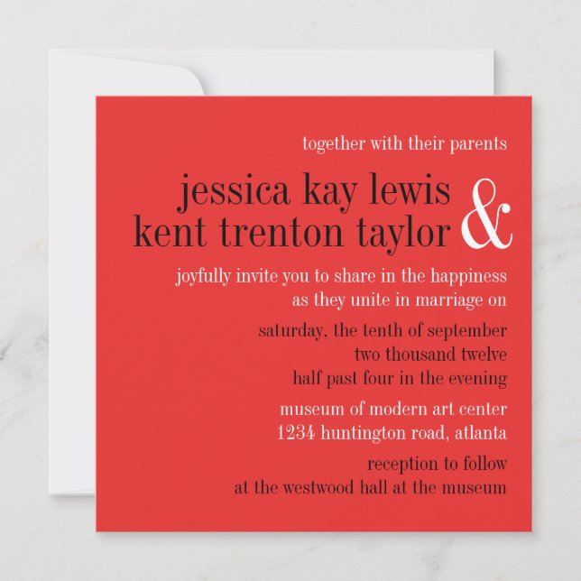 Passion red black typography modern couple wedding invitation (Front)