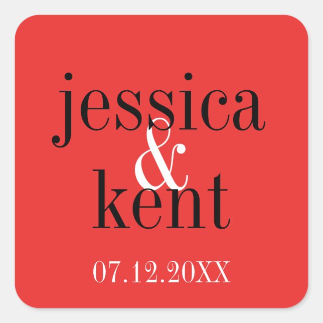 Passion red black typography modern wedding favour square sticker (Front)