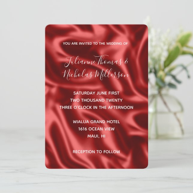 Passion Red Faux Satin Wedding  Invitation (Standing Front)