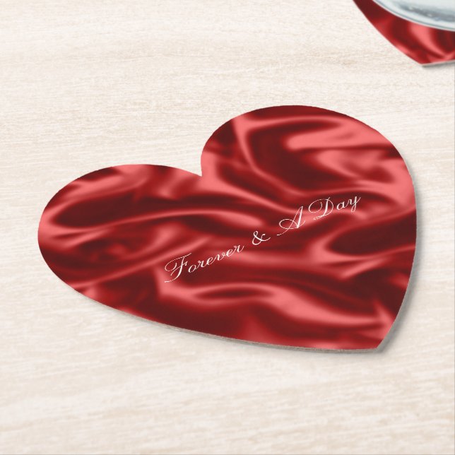 Passion Red Romantic Faux Satin Wedding Paper Coaster (Angled)