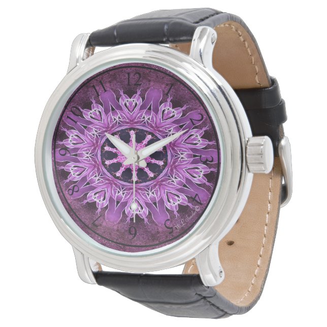 Passion violette - Montre en cuir noir pour hommes (Incliné)