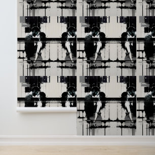 Passionate Couple Embrace in Black and White Wallpaper
