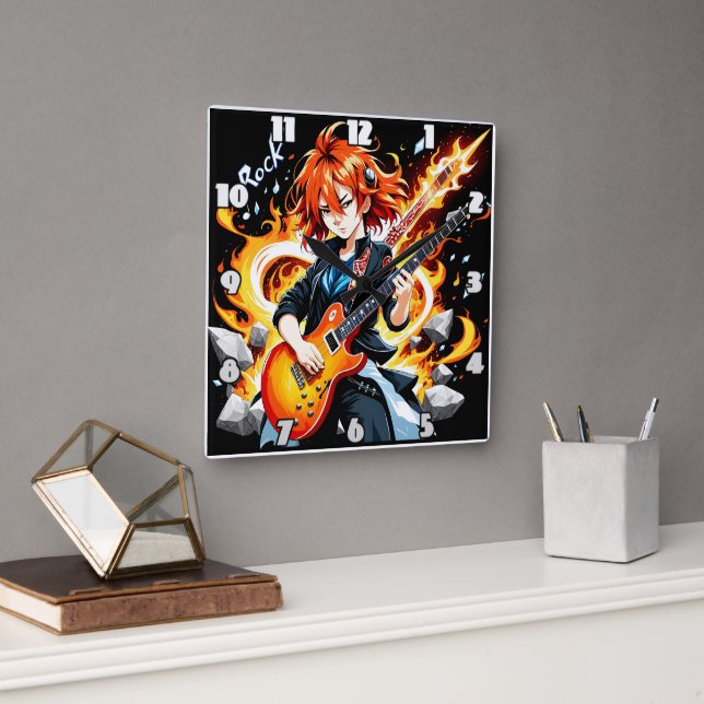 Passionate musician wields an electric guitar square wall clock (Office)
