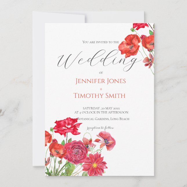 passionate red and orange poppy rose dahlia ranunc invitation (Front)