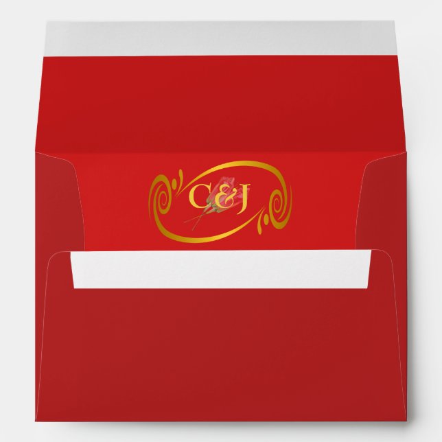 Passionate Red Gold Framed Initials Rose Lined Envelope (Back (Bottom))