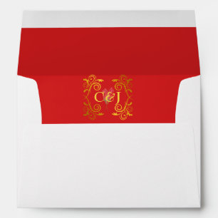 Passionate Red Gold Framed Initials Rose Lined Envelopes