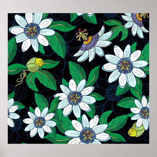Passionflower Black Background Floral Seamless Poster (Front)
