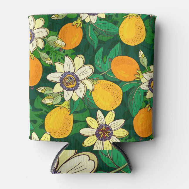 Passionflower Bloom: Black Background Vintage. Can Cooler (Front)