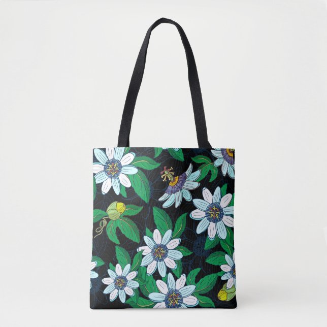 Passionflower, passiflora on a black background. F Tote Bag (Front)