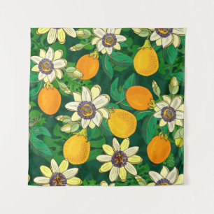Passionflower (passiflora, passion fruit) on a bla tapestry