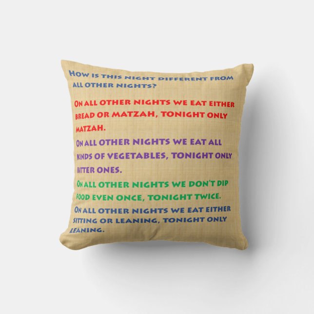Passover Four Questions Pillow - English & Hebrew (Front)